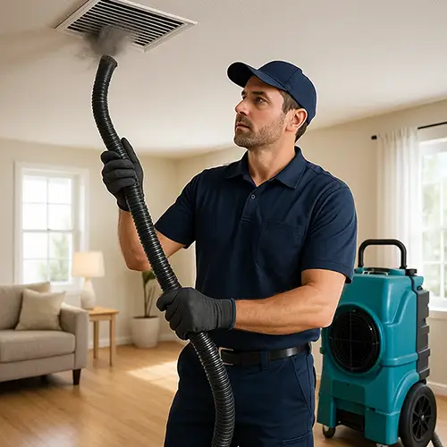 Technician cleaning air ducts in Houston home with high-powered vacuum for better air quality.