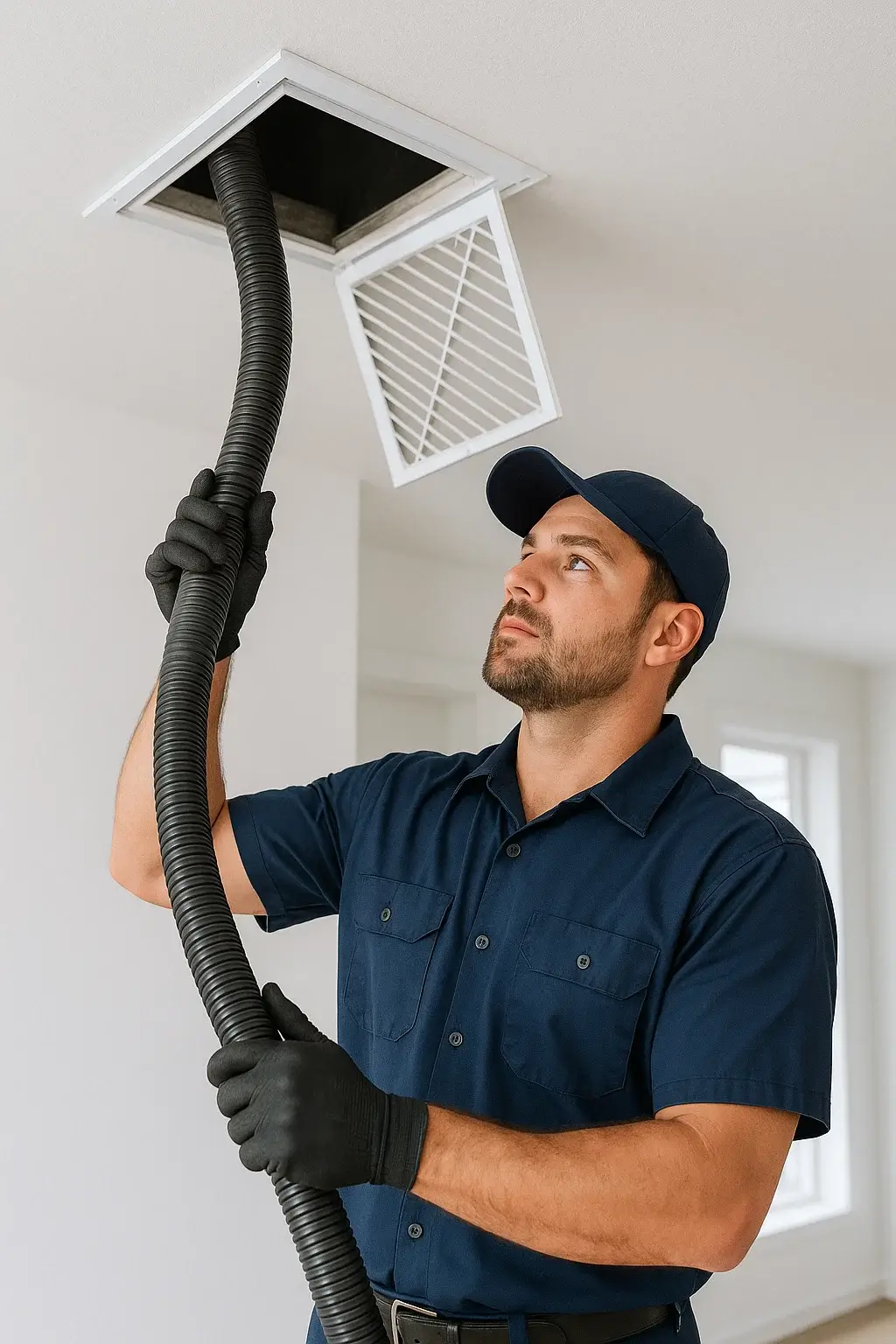 Professional Houston Air Ducts Cleaning TX  technician cleaning an air vent inside a bright modern home