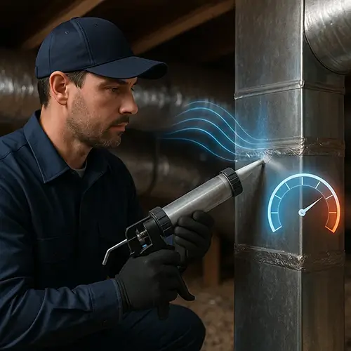 Technician sealing air ducts in Houston home to prevent leaks and improve HVAC efficiency.
