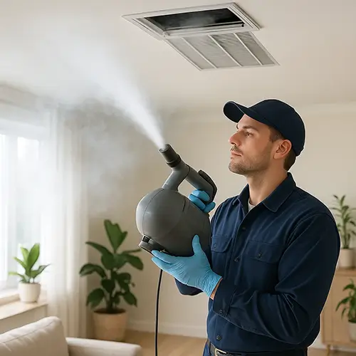 Technician sanitizing air ducts in a Houston home using EPA-approved fogging system for fresh indoor air.